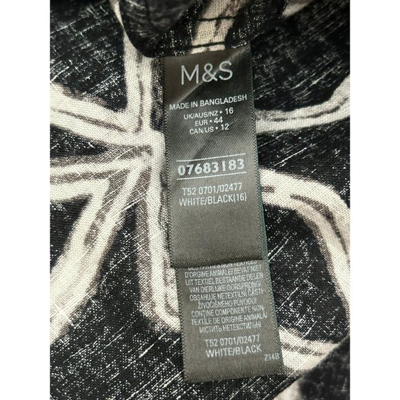 Mark and Spencer Black White Linen Long Sleeve Blouse Sz US 12 Geometric Casual - Picture 7 of 8